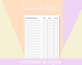 Recipe Ideas Printable PDF | Weekly and Monthly Meal Prep | Favourite Meals List | 8.5 x 11 Instant Download