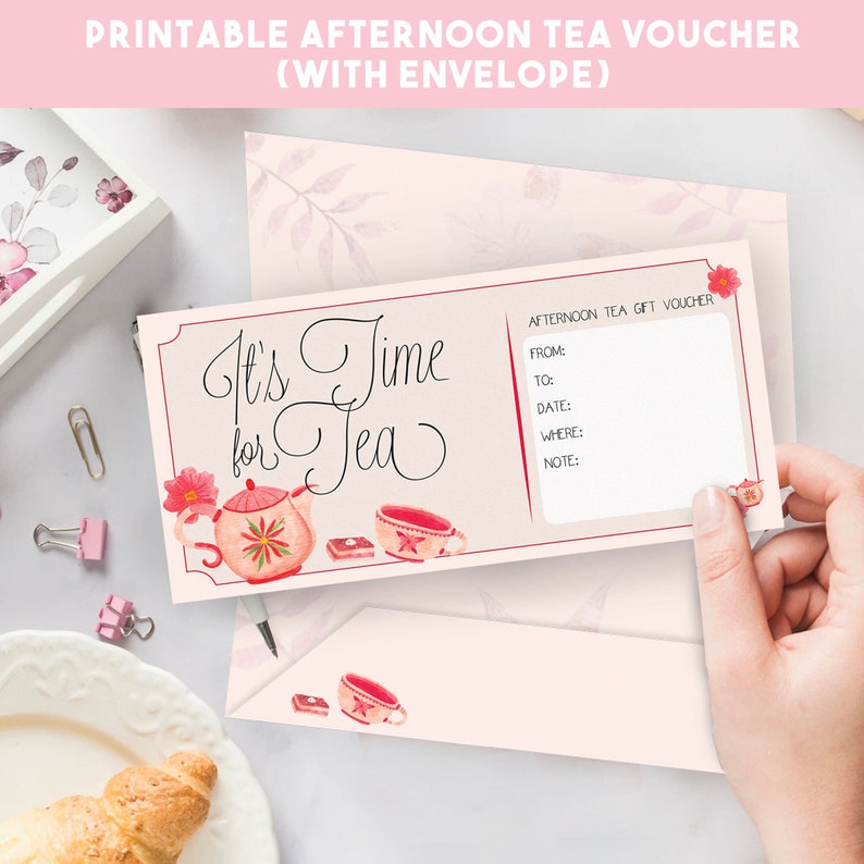 Afternoon Tea Voucher With Envelope Tea Gift Printable Gift Certificate Voucher Template Printable Voucher Coupon, PDF JPG image 1