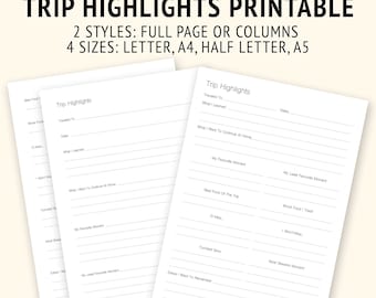 Minimalist Trip Highlights |  Printable Travel Overview | Digital Download | 8.5 x 11 | Half Letter | A4 | A5 | | Instant Download