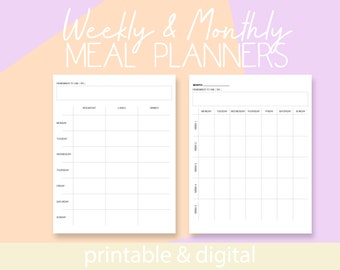 Meal Plan Printable PDF | Weekly and Monthly Meal Prep | Favourite Meals List | 8.5 x 11 Instant Download