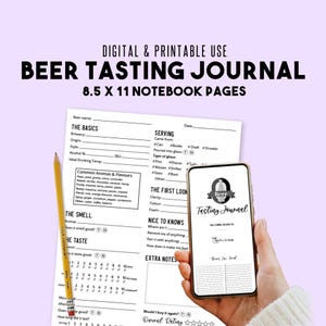 Op de afbeelding: Een printbaar bierproefnotitieboek met een zwart-wit ontwerp. Het notitieboek heeft secties voor de biernaam, brouwerij, herkomst, stijl, alcoholpercentage, ideale drinktemperatuur, serveerwijze, gebruikelijke aroma's en smaken, de eerste indruk, handige weetjes, extra notities en een algemene beoordeling. Het notitieboek is 21,6 cm bij 27,9 cm.