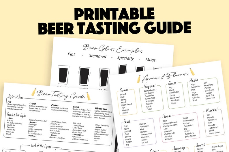 Beer Tasting Guide: Beer Tasting Notes Beer Aromas & Beer Flavour Examples Digital Download Microbrew Tasting Guide Beer Glass Types image 1