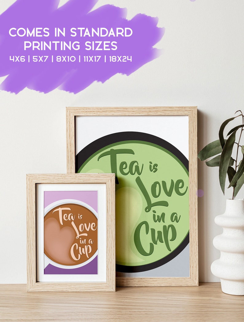 Tea Cup Wall Art Print Digital Print For Tea Lover 5 sizes Printable Download Tea Print in 4 colours Tea Wall Art image 2