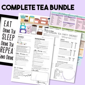 May include: A printable tea party checklist and guide with a colorful illustration of teacups and jars on a shelf. The checklist includes sections for menu planning, ordering, and making. The guide includes sections for tea basics, preparation, brewing, and tasting notes.