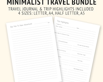 Printable Minimalist Travel Journal Bundle: Blank Template with Writing Prompts (Digital Download)