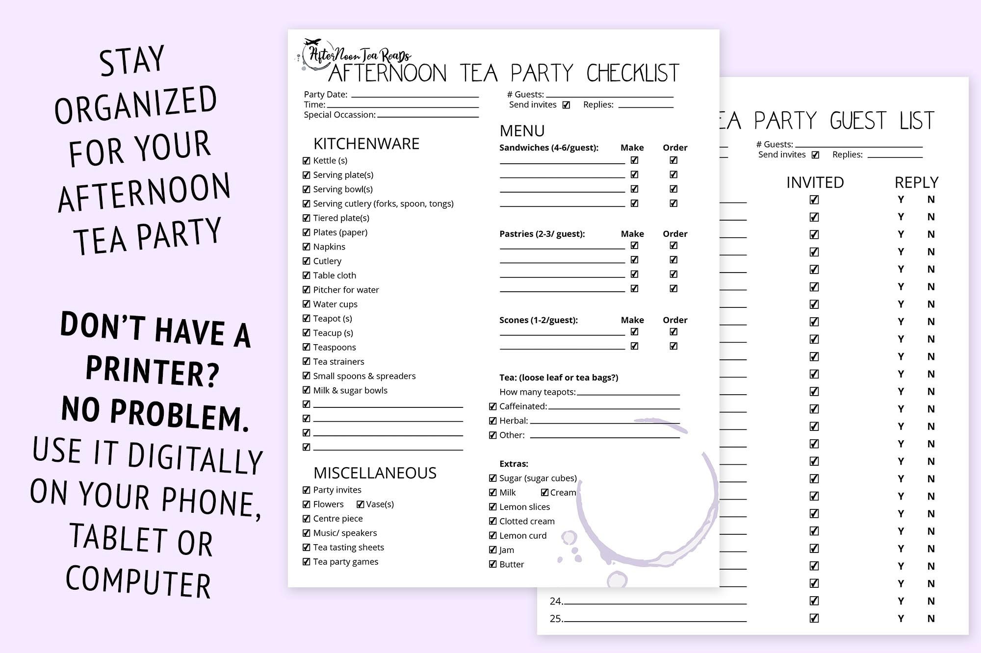 Buy Afternoon Tea Party Checklist Guest List Checklist Printable