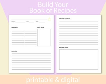 Recipe Book Printable PDF template | Fill in your own recipes | Recipe sheet | minimal recipe binder | Food planner | 8.5 x 11 Download