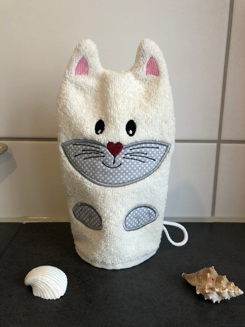 Waschhandschuh Waschlappen für Kinder, personalisierbar Katze