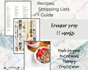 May include: A digital download for a freezer meal prep guide with 11 meals. The guide includes recipes, shopping lists, and a guide. The image shows a bowl of chia pudding with strawberries and a compass with the words "Manned By Nutrition".