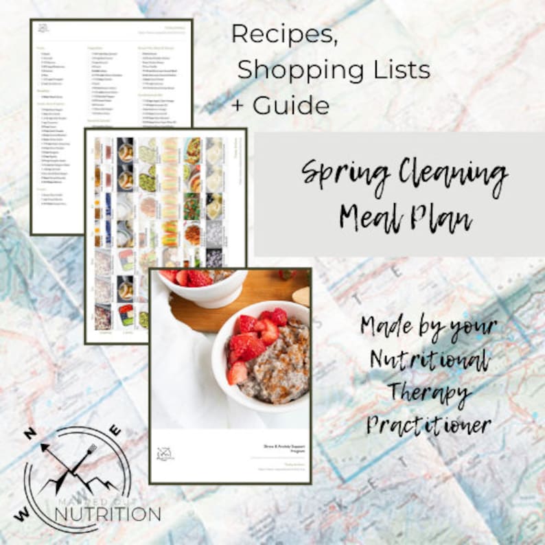 May include: A digital download for a spring cleaning meal plan with recipes, shopping lists, and a guide. The meal plan is made by a nutritional therapy practitioner. The image shows a bowl of chia pudding with strawberries on top.