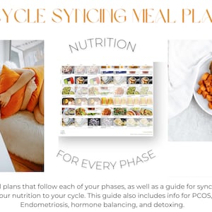 May include: A meal plan guide for syncing nutrition to your menstrual cycle. The guide includes a chart of food recommendations for each phase of the cycle, and information about PCOS, endometriosis, hormone balancing, and detoxing.