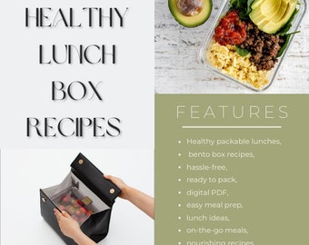 May include: A green background with the text "FEATURES" in white. Below the text is a list of bullet points describing the features of a product. The bullet points include: Healthy packable lunches, bento box recipes, hassle-free, ready to pack, digital PDF, easy meal prep, lunch ideas, on-the-go meals, nourishing recipes, convenient lunches.