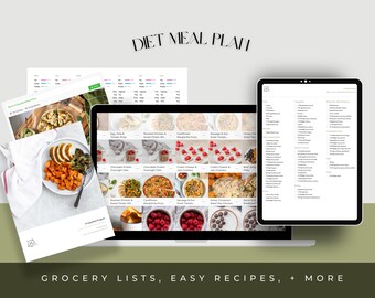 Pode incluir: Um ecrã digital que exibe um plano de refeições dietéticas com um calendário semanal, listas de compras e receitas fáceis. O ecrã mostra uma variedade de opções de refeições saudáveis, incluindo pequeno-almoço, almoço e jantar.