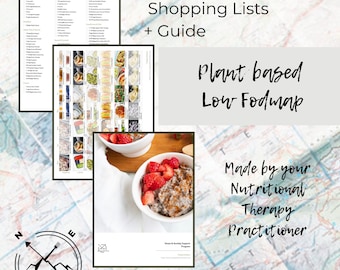 May include: A guide for plant-based low FODMAP recipes, shopping lists, and a guide. The guide is made by a nutritional therapy practitioner. The cover features a compass, a fork and knife, and a bowl of chia pudding with strawberries.