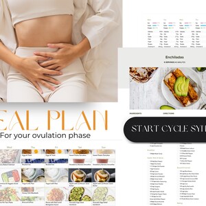 May include: A meal plan for the ovulation phase of a woman's cycle. The plan includes a weekly schedule of meals, with photos of each meal. The plan includes breakfast, lunch, and dinner options. The text "START CYCLE SYNCING" is visible at the bottom of the image.