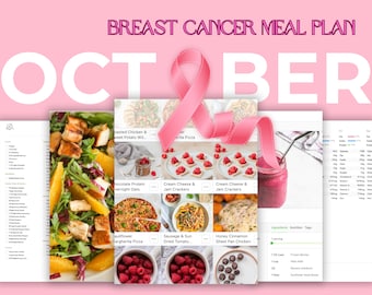Può includere: Un piano alimentare per ottobre con un nastro rosa, simbolo della consapevolezza del cancro al seno. Il piano include una varietà di pasti sani, come pollo arrosto e patate dolci, pizza margherita di cavolfiore e pollo al forno con miele e cannella.