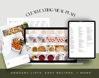 Pode incluir: Um ecrã digital que exibe um plano de refeições com uma variedade de receitas saudáveis e listas de compras. O texto "CLEAN EATING MEAL PLAN" é exibido na parte superior do ecrã. O texto "GROCERY LISTS, EASY RECIPES, + MORE" é exibido na parte inferior do ecrã.