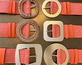 Coral Orange Boho Raffia Elasticated Belts, Fashionable Vintage Belts, Natural Raffia Belts, UK 6-20 Eco Friendly Belts 8 Buckles 15 Colours