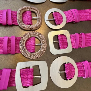 Cerise Pink Boho Raffia Elasticated Belts, Fashionable Vintage Belts, Natural Raffia Belts, UK 6-20 Eco Friendly Belts 8 Buckles 15 Colours