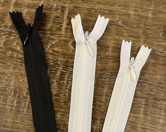 Concealed Zips, Invisible Zips, Sewing zips, dress zips, Woven Tape, Black, White, Ivory, 9 sizes, colours available see other listing