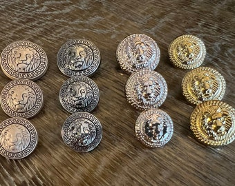 6pcs, Lion Head Buttons, Plastic, Metal, 25mm, 21mm, 18mm, Gold, Antique Silver, Champagne, Lion head shank buttons