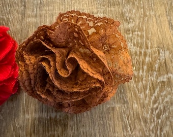 Handmade Lace Corsage Flower, Brown Rust Brooch, Pin On Design