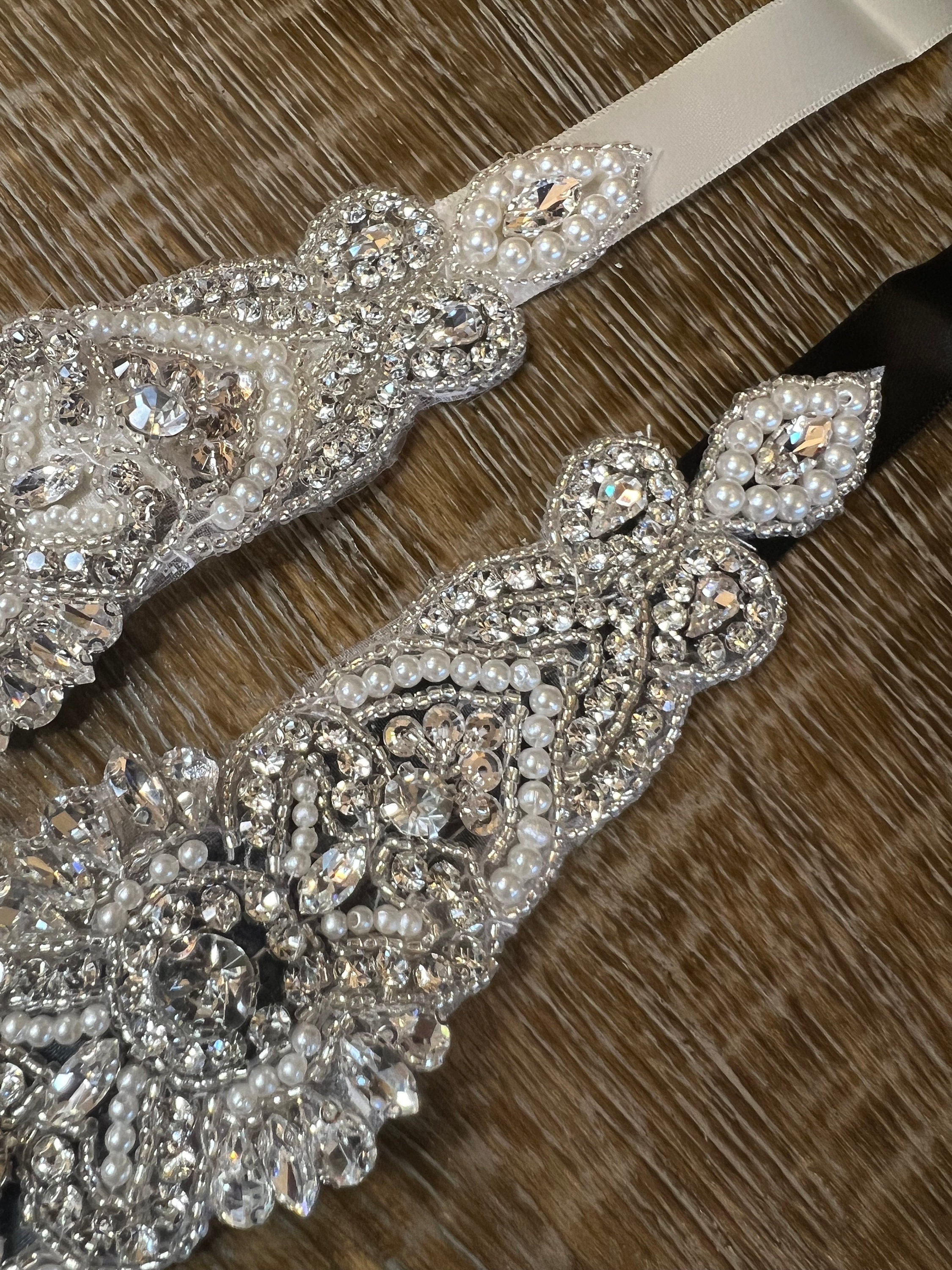 Dazzling Crystal Rhinestone Bridal Belt, Black Ribbon Sash 