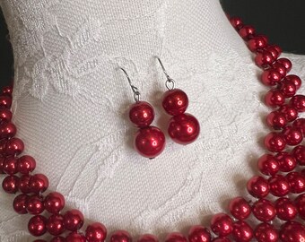 レッドパールビーズネックレス＆イヤリングセット、ハンドメイド 