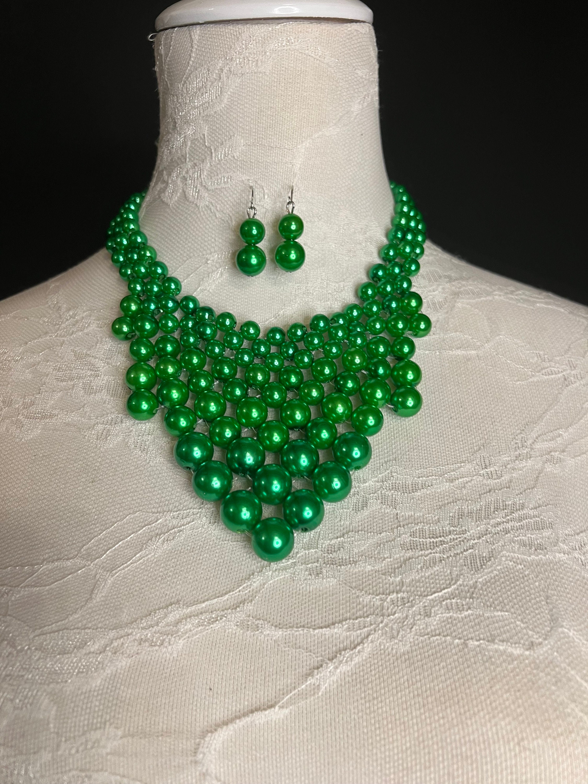 Lot De 3 Bijoux En Perles Vertes Faits Main - Collier, Bracelet Et Boucles D'Oreilles - Neuf