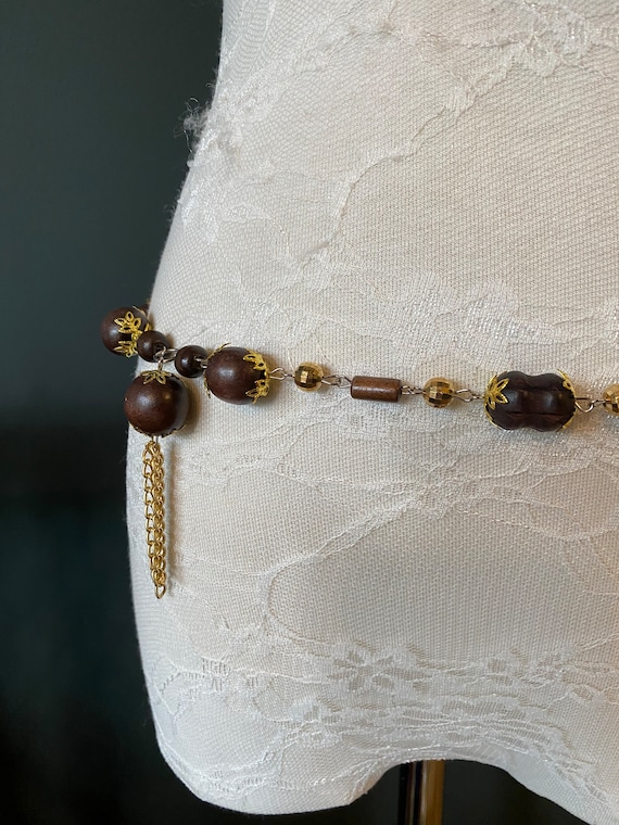X-long Belt, Boho Style Bead Belt, Gold Brown Wood Bead Belt