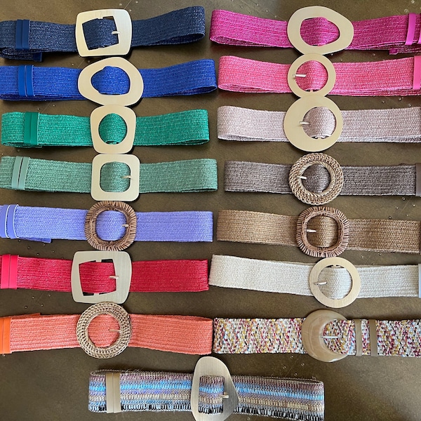 Boho Raffia Elasticated Belts,Fashionable Vintage Belts, Natural Raffia Belts,Sustainable Belts, 15 colours 8 Buckles,Eco Friendly Belts
