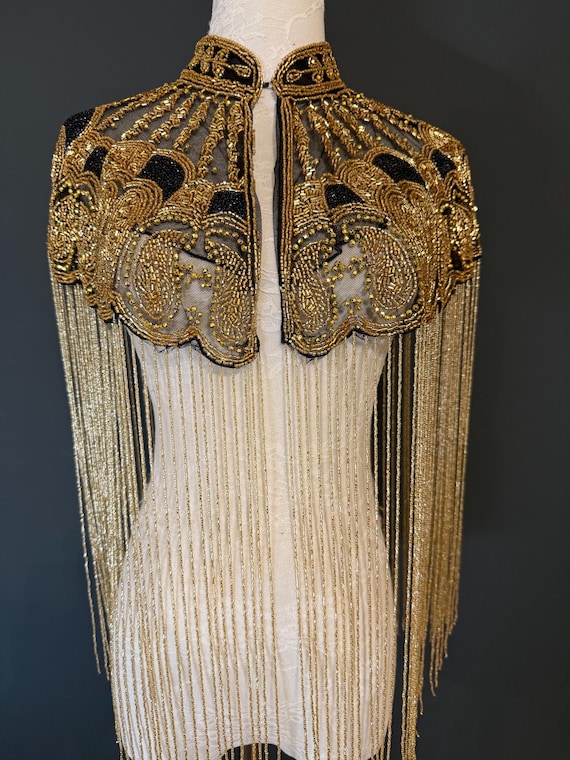 Beaded Fringe Cape Shawl – Handmade Gold or Silver Embellished Evening Wrap