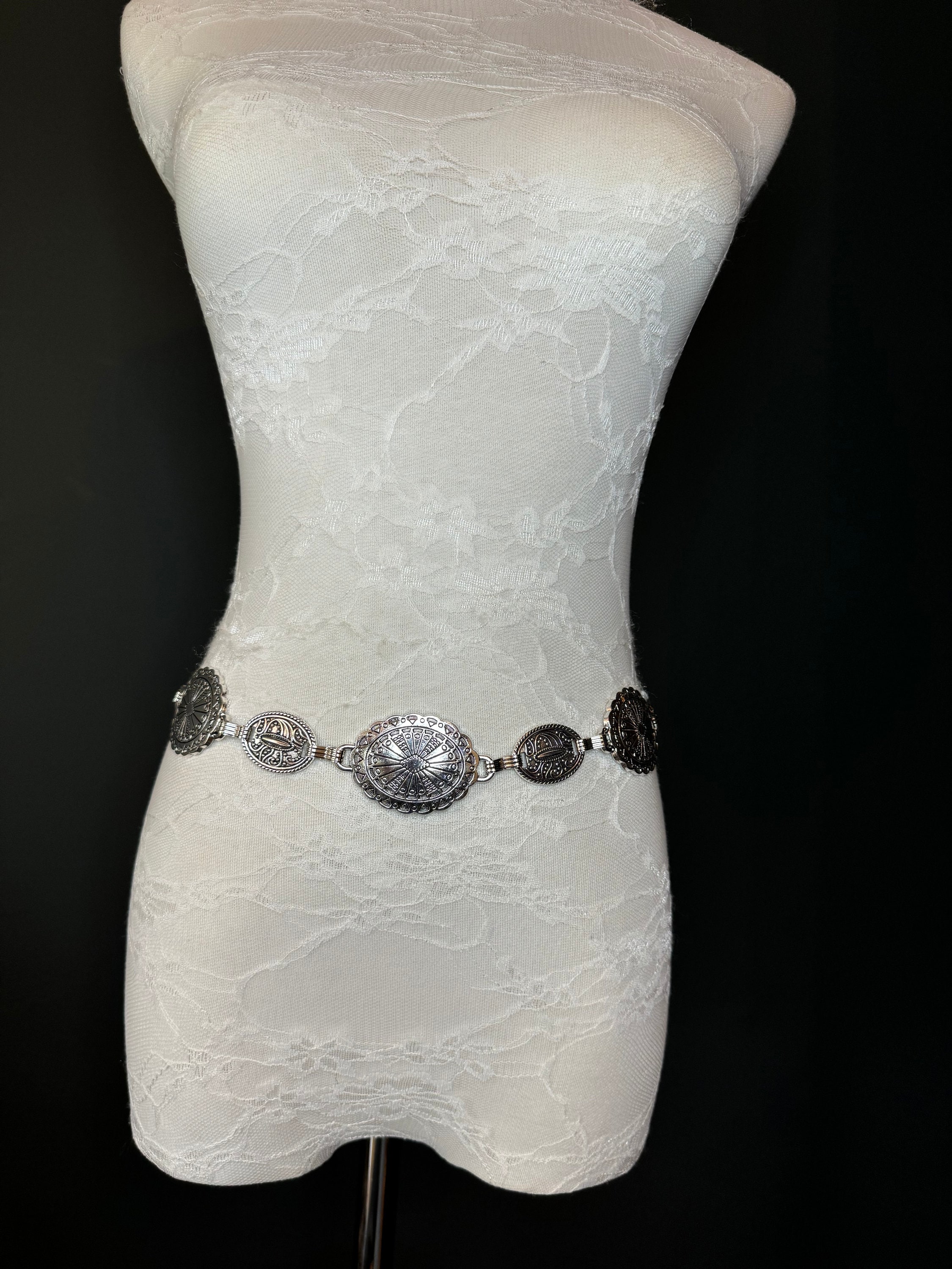 X-long Antique Brass Disc Belt, Silver, Metal Disc Belt