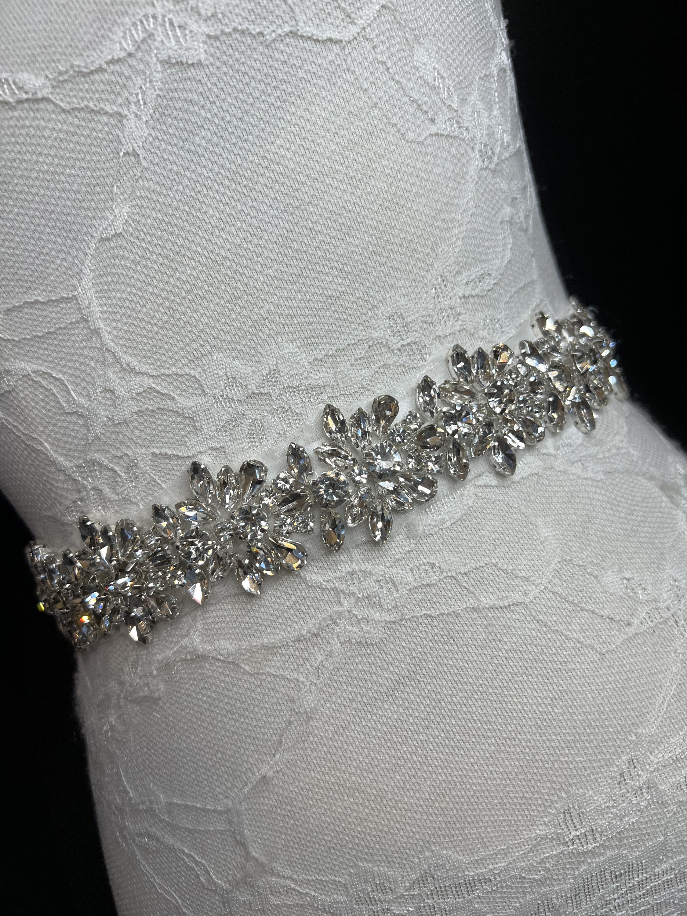 Crystal Embellished Bridal Belt Ribbon - Silver Tone Wedding Dress Rhinestone Ribbon Belt main image 2