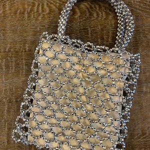 Handbag, Hand Beaded Bag, Silver Beads, Fan Accessory Collection, Gold, Silver