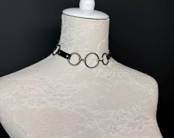 Metal Ring Faux Leather Vegan Black Choker, Choker Necklace, Black, Ring choker, Handmade, Festival, Gift, Fashion