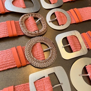 Coral Orange Boho Raffia Elasticated Belts, Fashionable Vintage Belts, Natural Raffia Belts, UK 6-20 Eco Friendly Belts 8 Buckles 15 Colours image 3