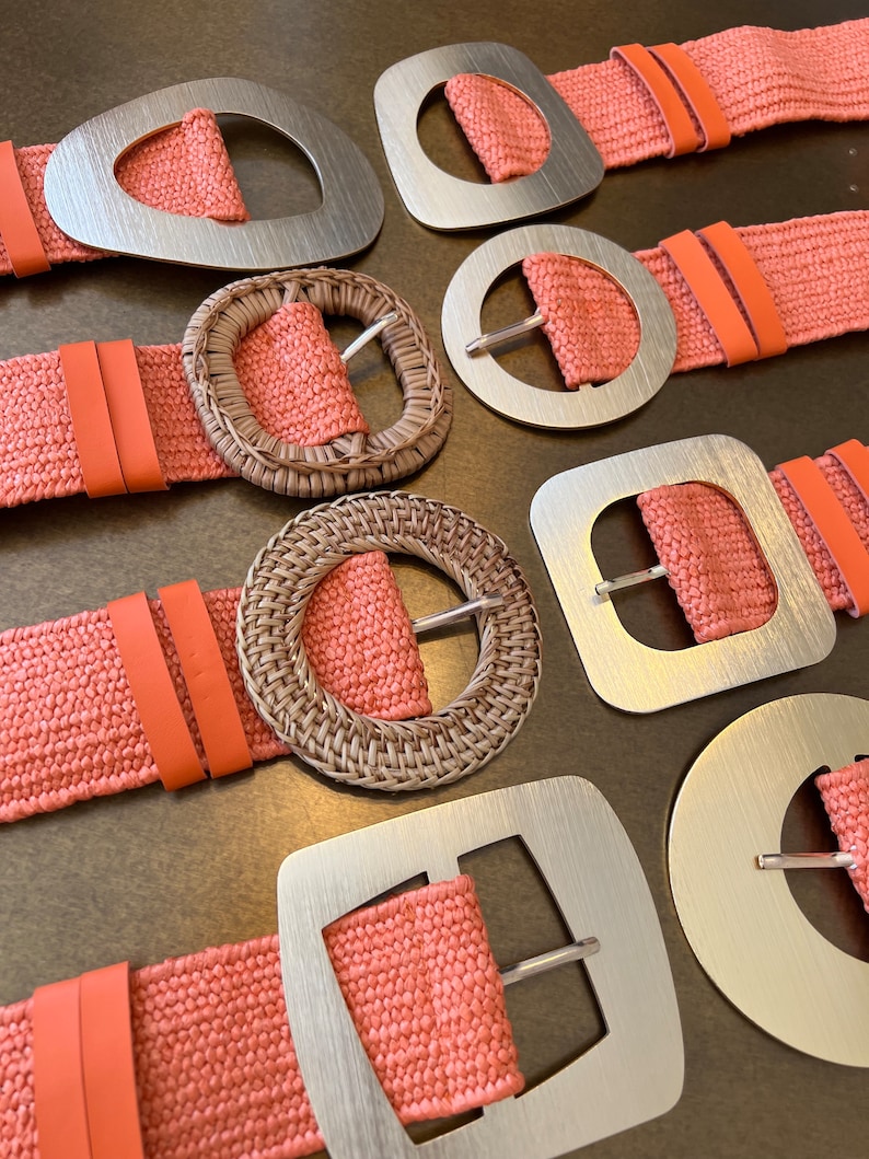 Coral Orange Boho Raffia Elasticated Belts, Fashionable Vintage Belts, Natural Raffia Belts, UK 6-20 Eco Friendly Belts 8 Buckles 15 Colours image 3