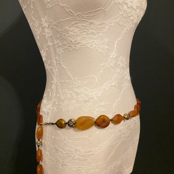 Cinturón X-Long, Cinturón de cuentas de mármol, Cinturón de cadena de latón antiguo, Cinturón Boho, Cuentas, Cuentas de mármol, Cuentas de latón, Cinturón de moda, Vintage