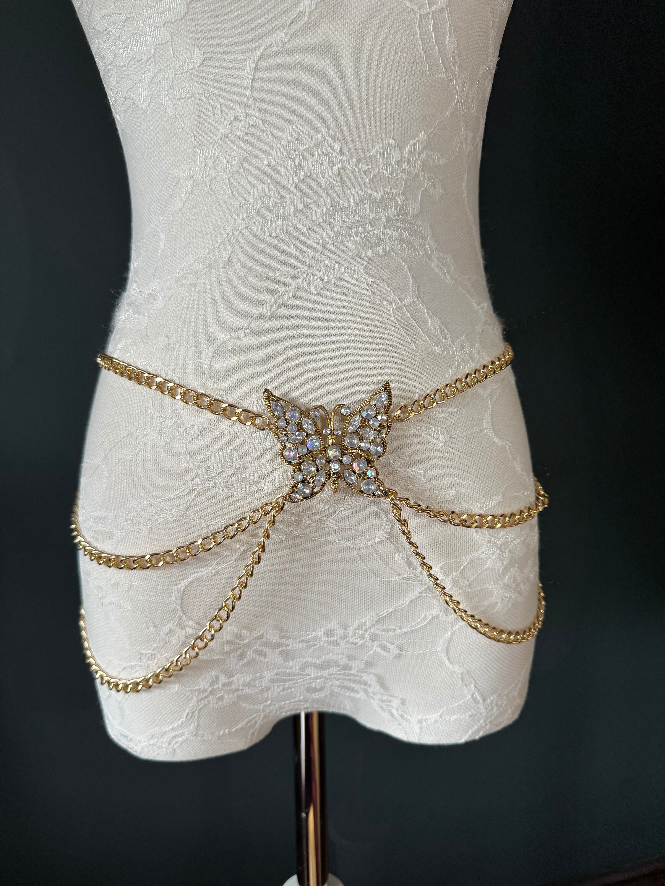 Gold Rhinestone Pave Butterfly Stretch Statement Belt ELABEST Butterfly Belt Rhinestone-Metal-Turquoise Gold  main image 2