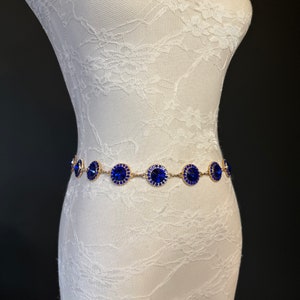 X-Long Belt, Royal Blue Rhinestone Belt, Gold Chain Belt, Vintage Style Belt, Diamante Belt, Fashion Belt, Elegant, Swimwear Belt