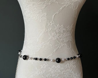 X-Long Belt, Pearl, Bead, Chain Belt, Ivory, Black, Handmade, FAN Fashion, Plus size belts