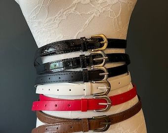 Belts, Skinny Belts, Faux Leather Belts, Patent Belt, Matt Belt, Red, White, Brown, 2cm Wide Belt, Patent Belts, Fashion Belts