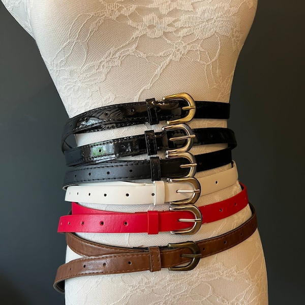 Belts, Skinny Belts, Faux Leather Belts, Patent Belt, Matt Belt, Red, White, Brown, 2cm Wide Belt, Patent Belts, Fashion Belts