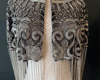 Handmade Beaded Fringe Cape Shawl, Elegant Tassel Capelet