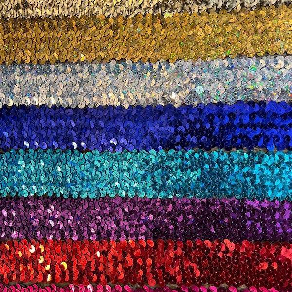 36mm Wide, Sequins Elastic, Stretch Sequins, Headbands, Crafting, 7 Colours, Costumes, Gold, Silver, Royal, Turq, Purple, Red, Cerise