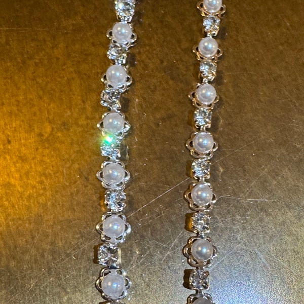 Pearl & Rhinestone Beaded Silver Gold Chain Trim Wedding Dress Belt Bridal Applique, Diamanté Pearl chain, sew on, straps
