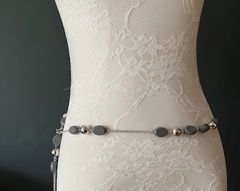 Cintura extra lunga, cintura alla moda con perline, perline di legno grigie, perline argentate, fatta a mano, cinture a catena, taglie forti, taglie per adolescenti, 45-152 cm