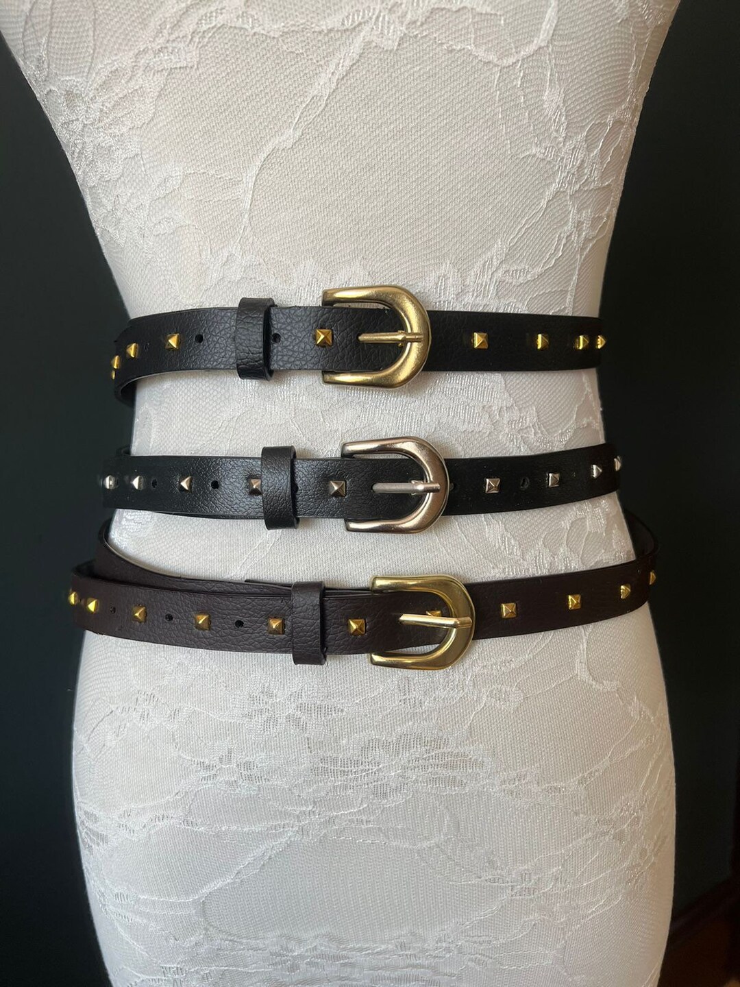【2plan】bohemian studded long leather belt Boho Big Belts, Oval Studded Concho Belt, Y2K, Hippie Retro
