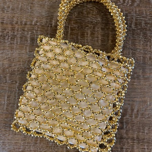 Handbag, Hand Beaded Bag, Gold Beads, Fan Accessory Collection, Gold, Silver